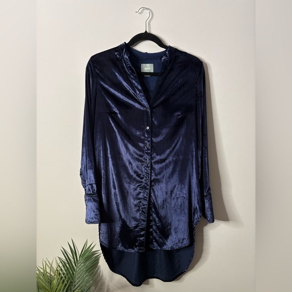 Anthropologie Maeve Blue Velvet Tie-Neck Button-down Tunic - Picture 1 of 6